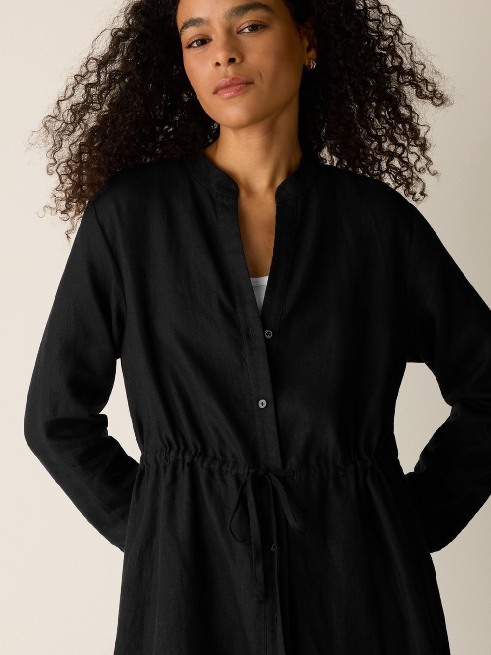 EILEEN FISHER 'Organic Linen Band Collar Shirtdress' in Black - Picture 6 of 10